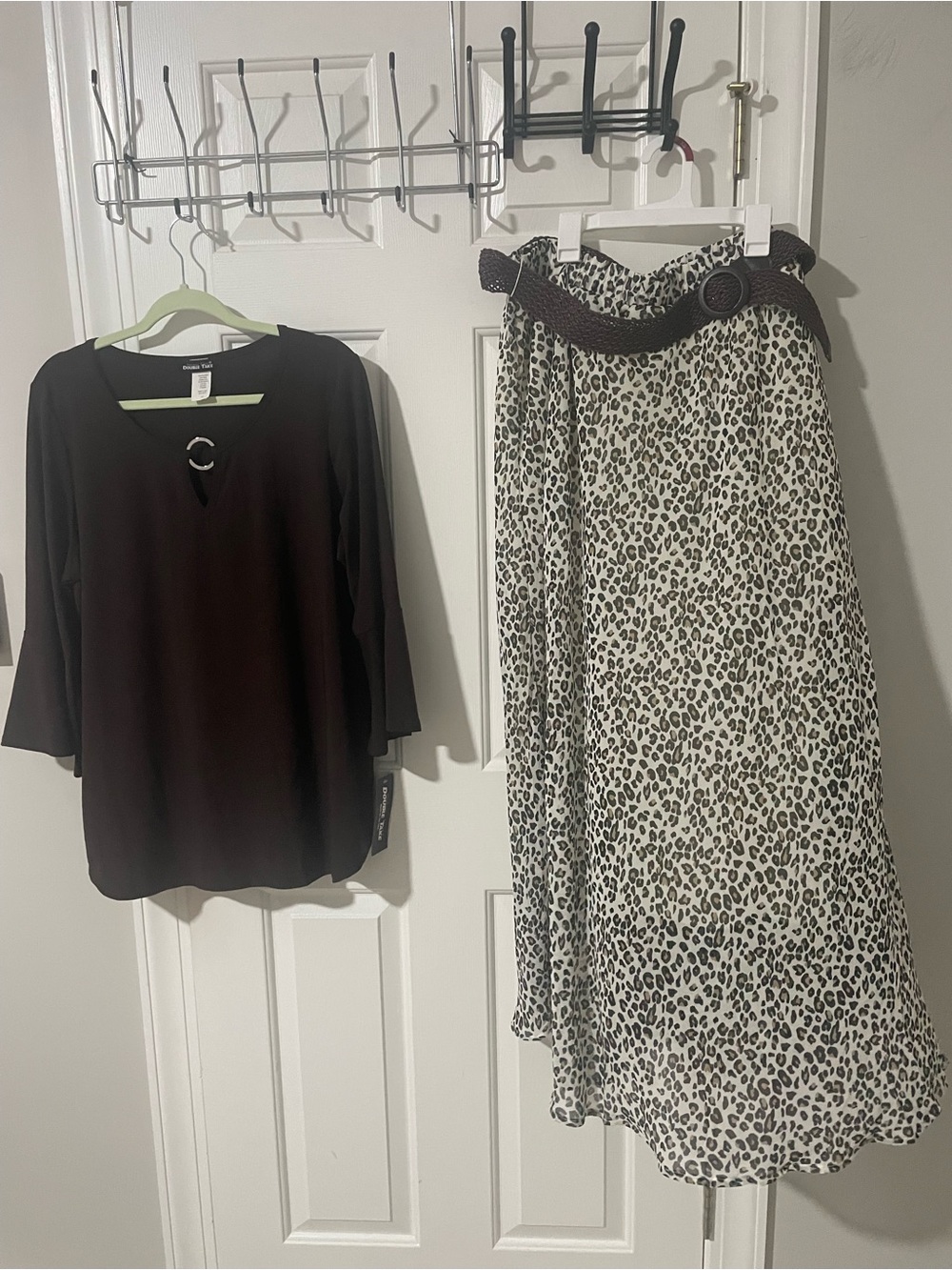 Leopard Print Maxi Skirt with Brown Belt - Women 2x brown double take top 2x